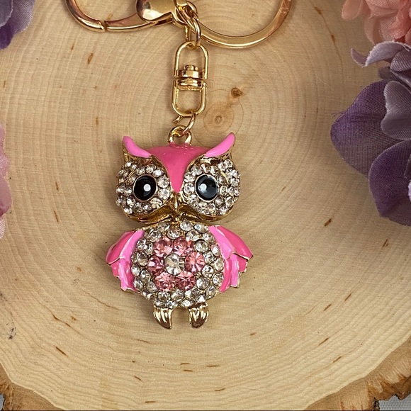 Hot Pink Crystal Owl on a Gold Keychain - Picture 7 of 12